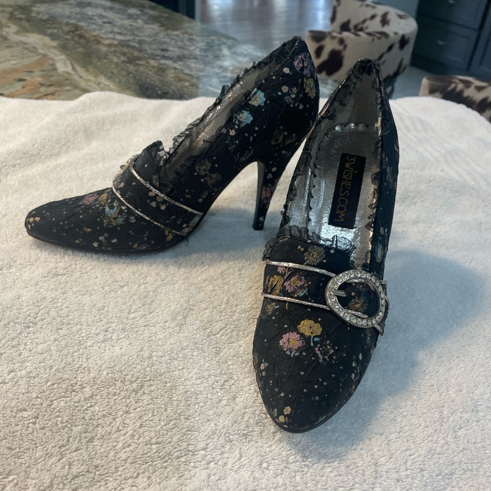 3 Wishes black floral Victorian Heels - Size 7 - Picture 2 of 6